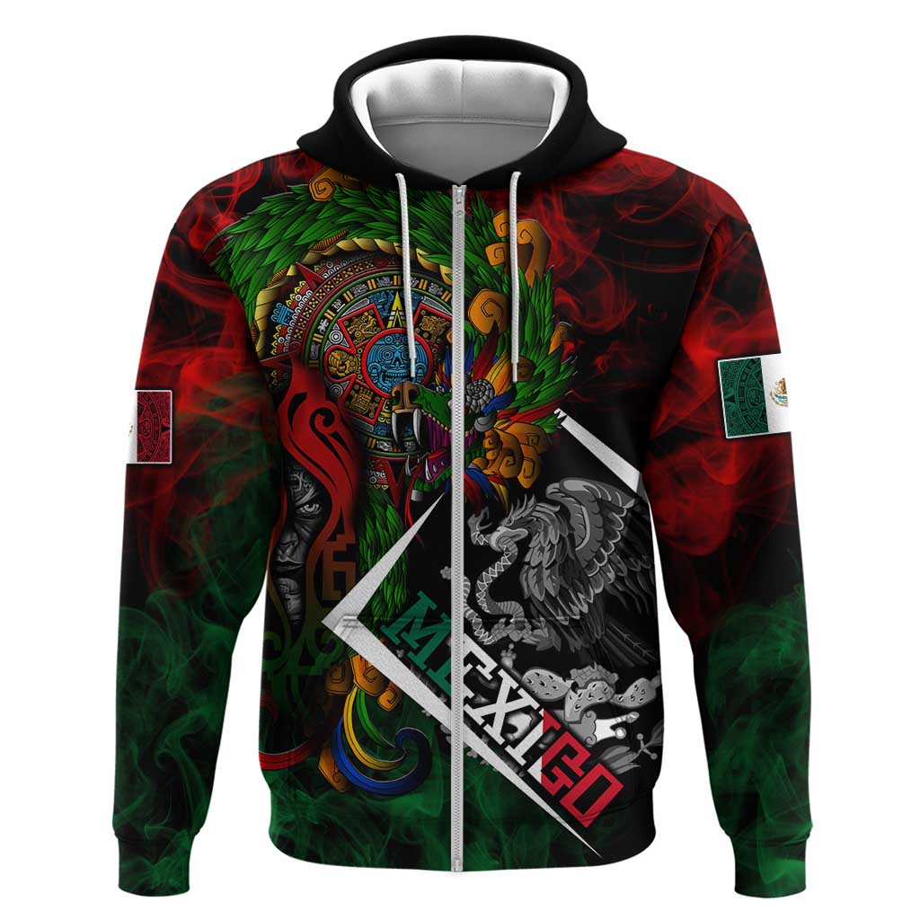 Mexico Quetzalcoatl Aztec Calendar Zip Hoodie Tribal Warrior Art with Eagle and Serpent