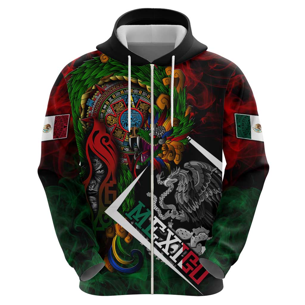 Mexico Quetzalcoatl Aztec Calendar Zip Hoodie Tribal Warrior Art with Eagle and Serpent