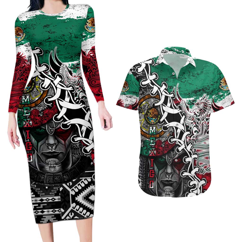 Aztec Warrior Mexican Couples Matching Long Sleeve Bodycon Dress and Hawaiian Shirt Aztec Calendar Coat of Arms