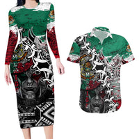 Aztec Warrior Mexican Couples Matching Long Sleeve Bodycon Dress and Hawaiian Shirt Aztec Calendar Coat of Arms