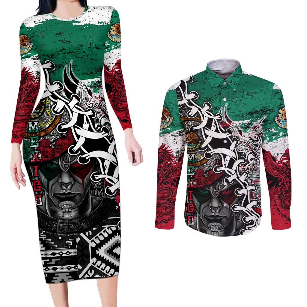 Aztec Warrior Mexican Couples Matching Long Sleeve Bodycon Dress and Long Sleeve Button Shirt Aztec Calendar Coat of Arms