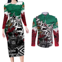 Aztec Warrior Mexican Couples Matching Long Sleeve Bodycon Dress and Long Sleeve Button Shirt Aztec Calendar Coat of Arms