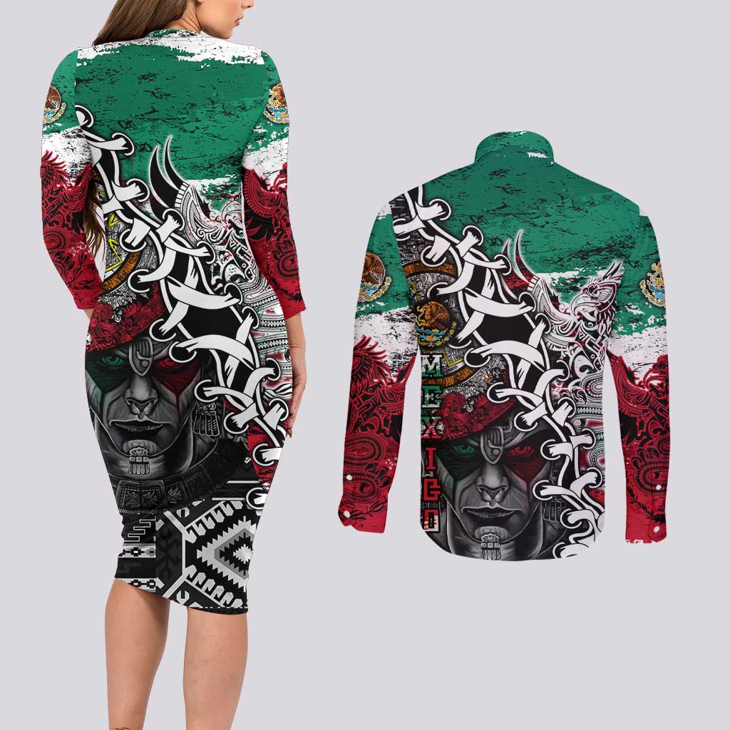 Aztec Warrior Mexican Couples Matching Long Sleeve Bodycon Dress and Long Sleeve Button Shirt Aztec Calendar Coat of Arms