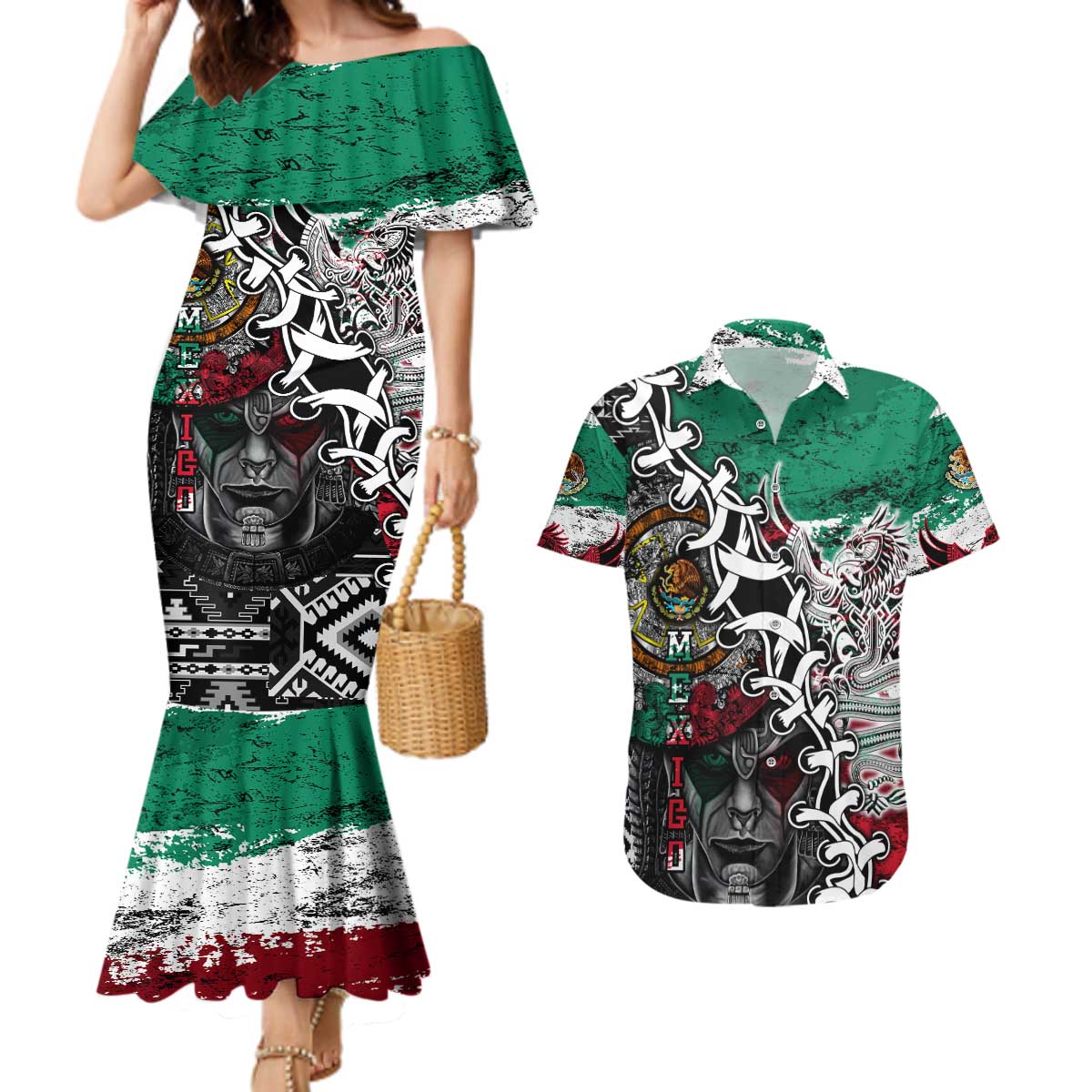 Aztec Warrior Mexican Couples Matching Mermaid Dress and Hawaiian Shirt Aztec Calendar Coat of Arms