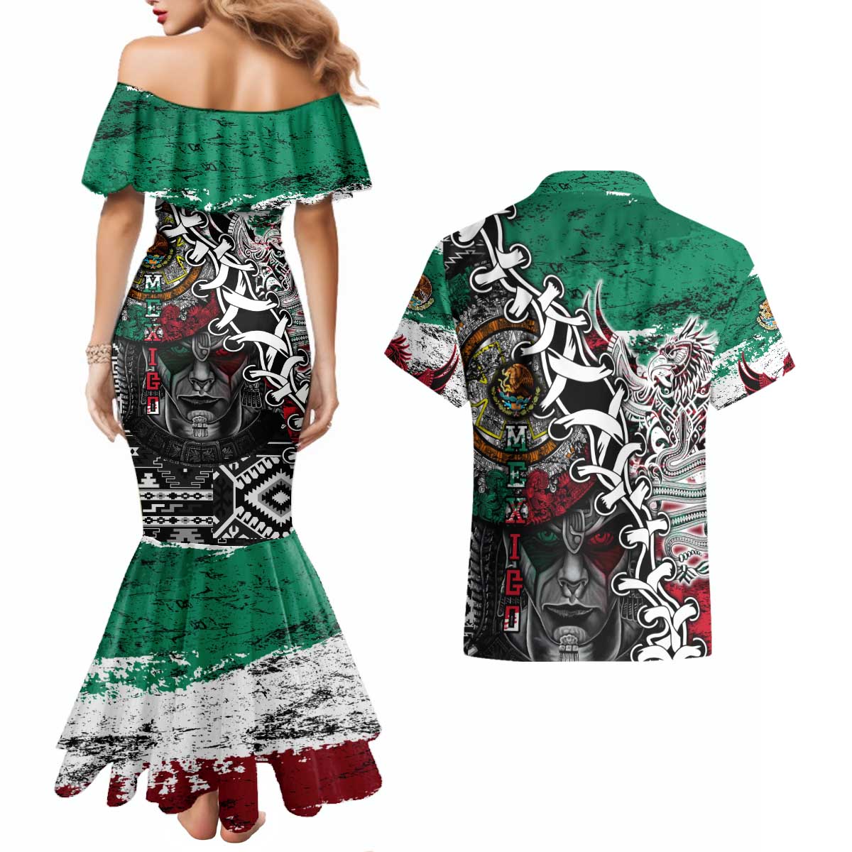 Aztec Warrior Mexican Couples Matching Mermaid Dress and Hawaiian Shirt Aztec Calendar Coat of Arms