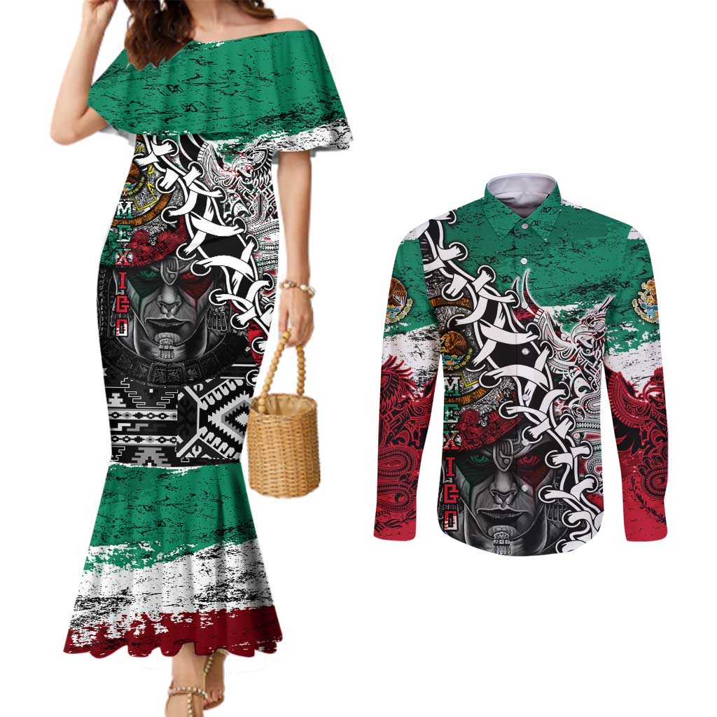 Aztec Warrior Mexican Couples Matching Mermaid Dress and Long Sleeve Button Shirt Aztec Calendar Coat of Arms