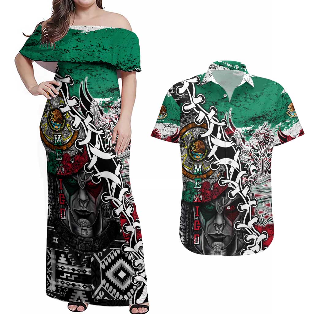 Aztec Warrior Mexican Couples Matching Off Shoulder Maxi Dress and Hawaiian Shirt Aztec Calendar Coat of Arms