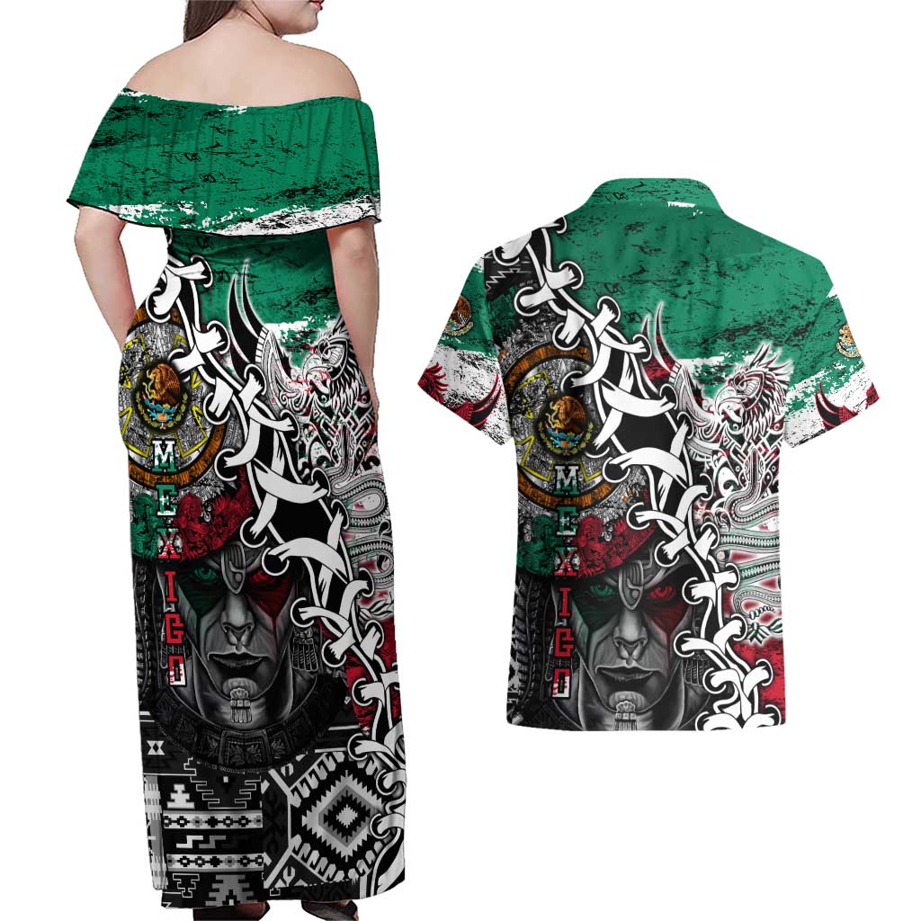Aztec Warrior Mexican Couples Matching Off Shoulder Maxi Dress and Hawaiian Shirt Aztec Calendar Coat of Arms