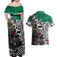 Aztec Warrior Mexican Couples Matching Off Shoulder Maxi Dress and Hawaiian Shirt Aztec Calendar Coat of Arms