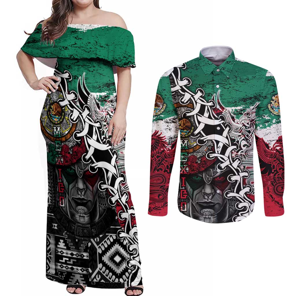 Aztec Warrior Mexican Couples Matching Off Shoulder Maxi Dress and Long Sleeve Button Shirt Aztec Calendar Coat of Arms