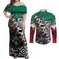 Aztec Warrior Mexican Couples Matching Off Shoulder Maxi Dress and Long Sleeve Button Shirt Aztec Calendar Coat of Arms