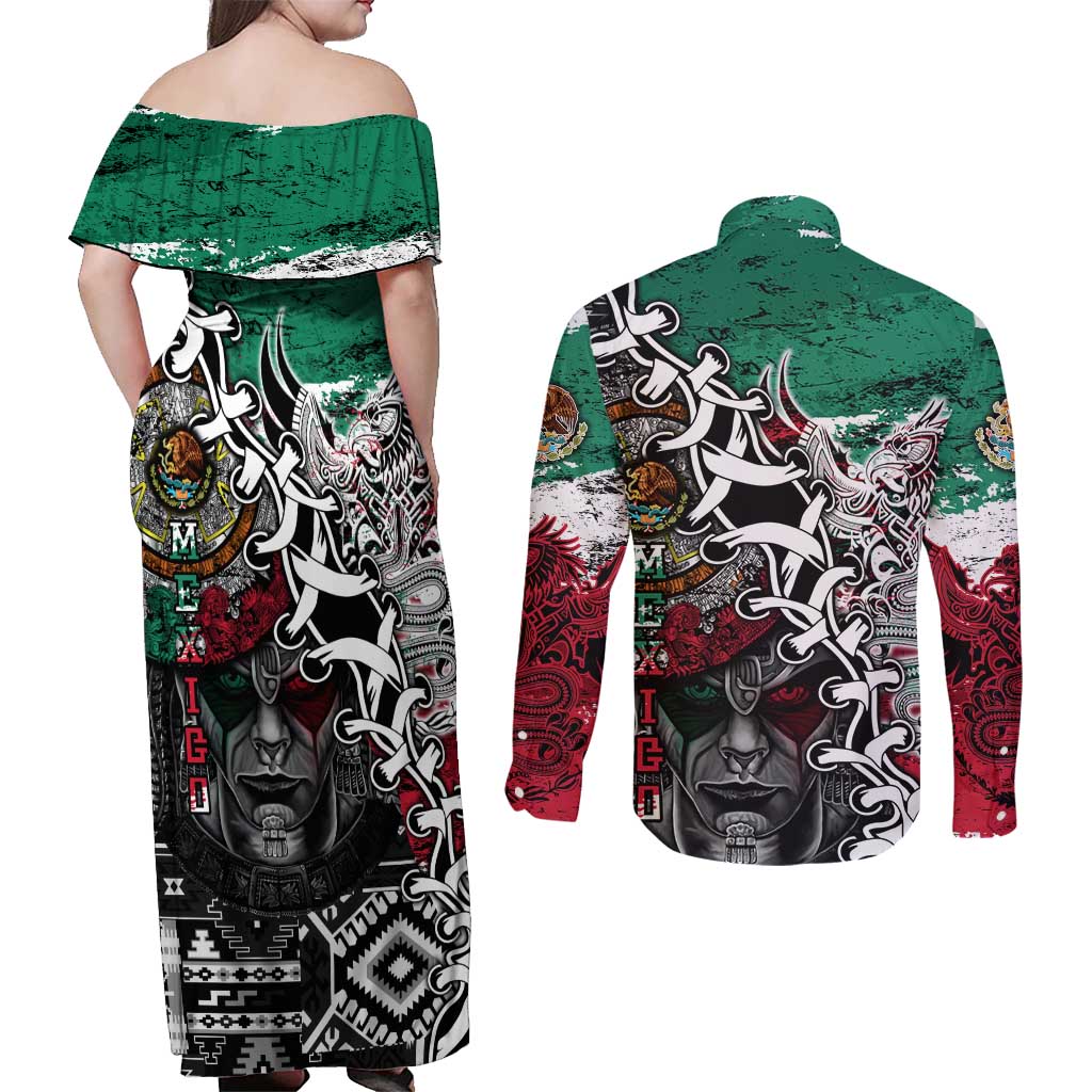 Aztec Warrior Mexican Couples Matching Off Shoulder Maxi Dress and Long Sleeve Button Shirt Aztec Calendar Coat of Arms