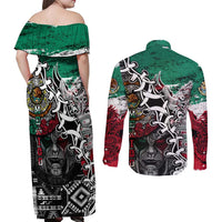 Aztec Warrior Mexican Couples Matching Off Shoulder Maxi Dress and Long Sleeve Button Shirt Aztec Calendar Coat of Arms