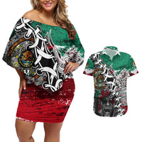 Aztec Warrior Mexican Couples Matching Off Shoulder Short Dress and Hawaiian Shirt Aztec Calendar Coat of Arms