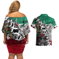 Aztec Warrior Mexican Couples Matching Off Shoulder Short Dress and Hawaiian Shirt Aztec Calendar Coat of Arms