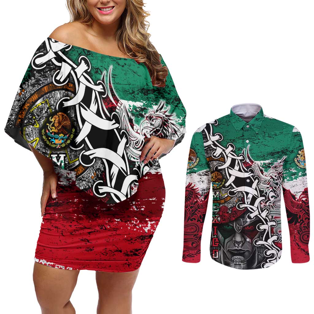 Aztec Warrior Mexican Couples Matching Off Shoulder Short Dress and Long Sleeve Button Shirt Aztec Calendar Coat of Arms