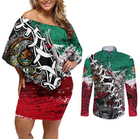 Aztec Warrior Mexican Couples Matching Off Shoulder Short Dress and Long Sleeve Button Shirt Aztec Calendar Coat of Arms