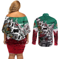 Aztec Warrior Mexican Couples Matching Off Shoulder Short Dress and Long Sleeve Button Shirt Aztec Calendar Coat of Arms