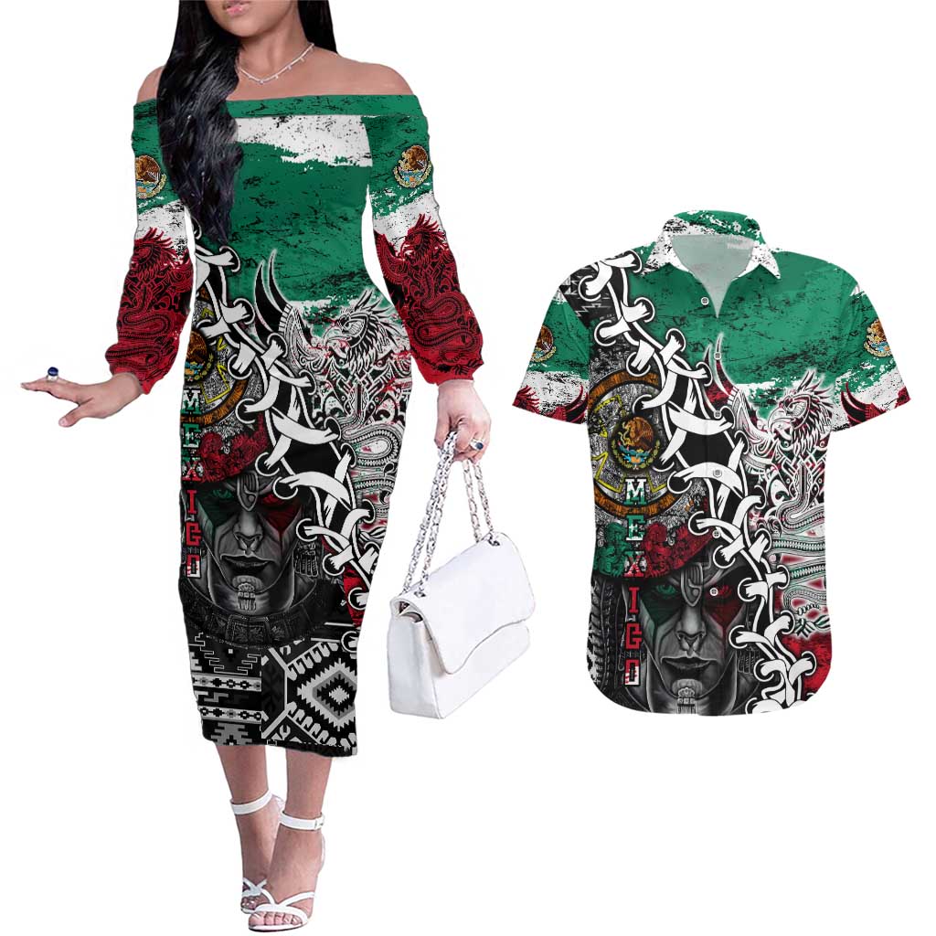 Aztec Warrior Mexican Couples Matching Off The Shoulder Long Sleeve Dress and Hawaiian Shirt Aztec Calendar Coat of Arms