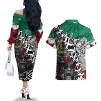 Aztec Warrior Mexican Couples Matching Off The Shoulder Long Sleeve Dress and Hawaiian Shirt Aztec Calendar Coat of Arms