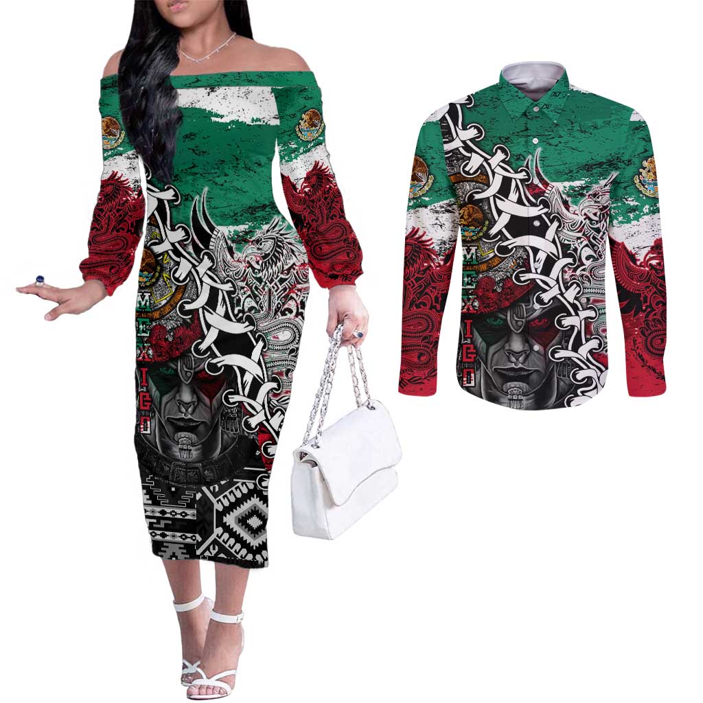 Aztec Warrior Mexican Couples Matching Off The Shoulder Long Sleeve Dress and Long Sleeve Button Shirt Aztec Calendar Coat of Arms