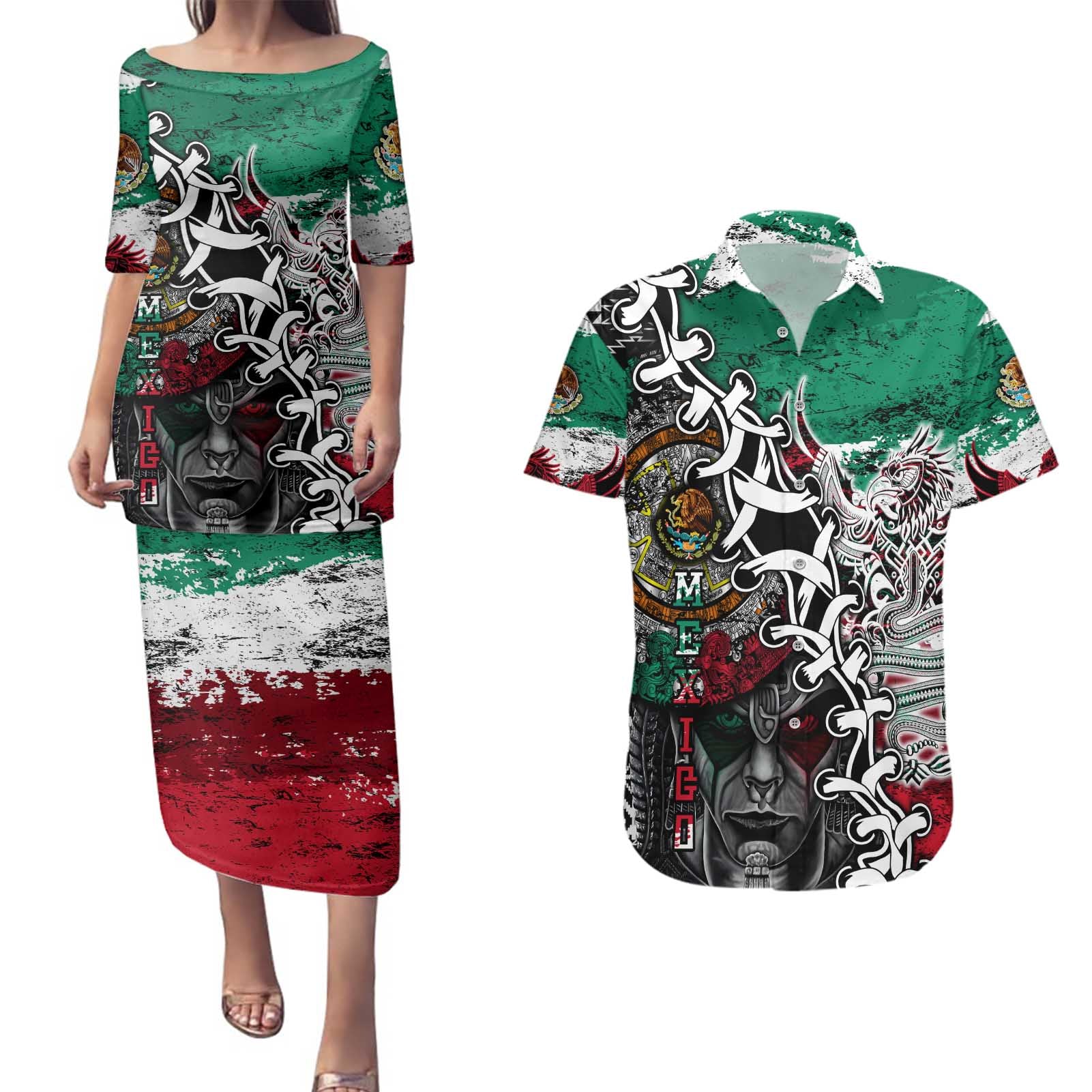 Aztec Warrior Mexican Couples Matching Puletasi and Hawaiian Shirt Aztec Calendar Coat of Arms