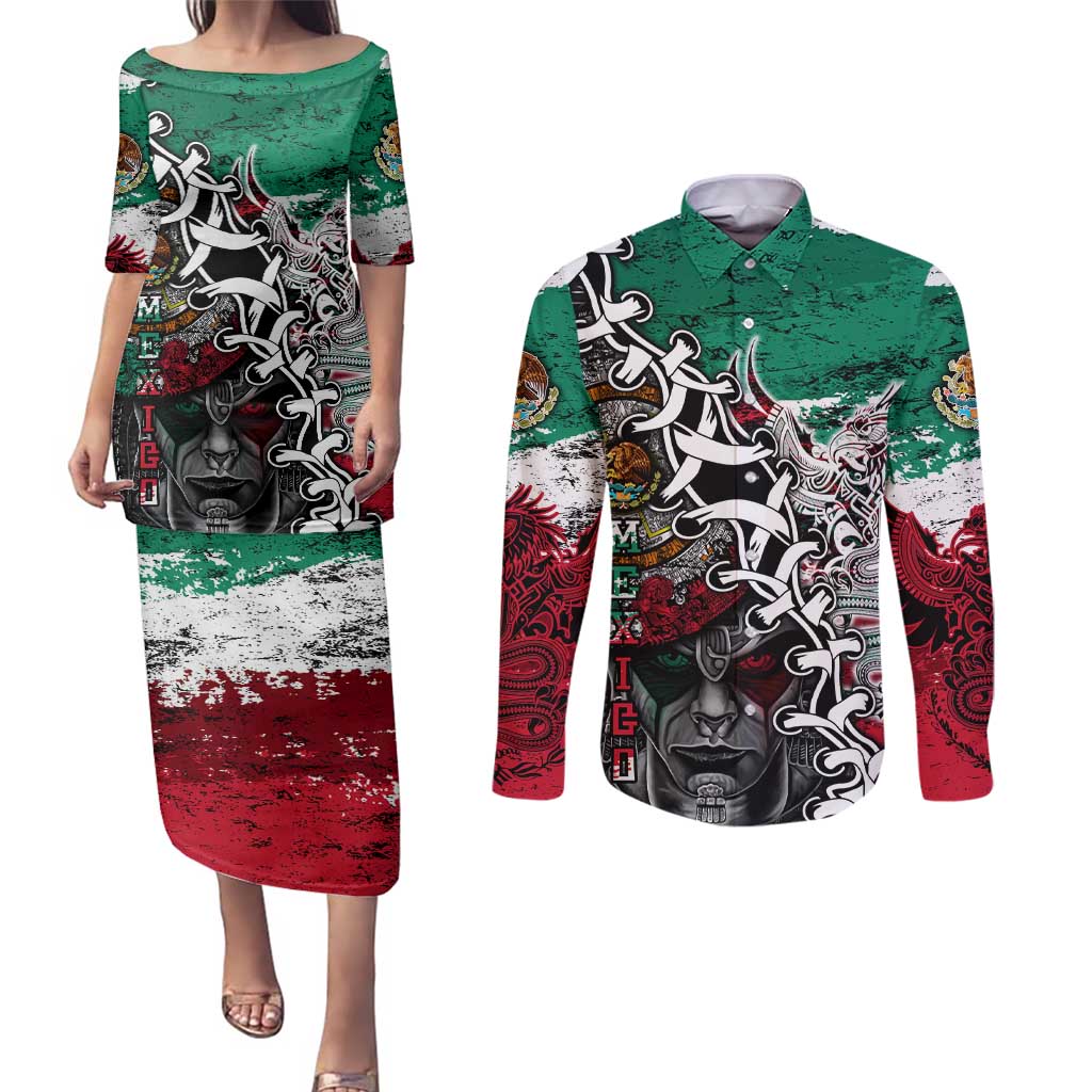Aztec Warrior Mexican Couples Matching Puletasi and Long Sleeve Button Shirt Aztec Calendar Coat of Arms