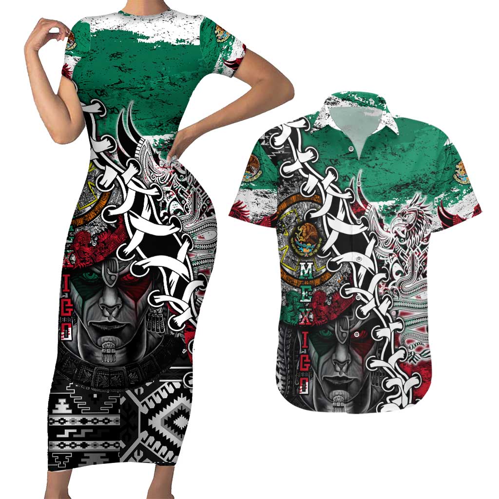 Aztec Warrior Mexican Couples Matching Short Sleeve Bodycon Dress and Hawaiian Shirt Aztec Calendar Coat of Arms