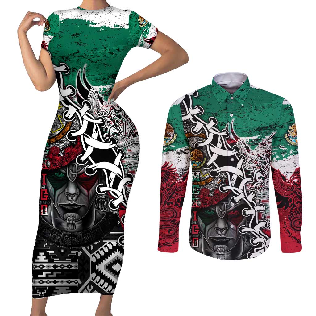 Aztec Warrior Mexican Couples Matching Short Sleeve Bodycon Dress and Long Sleeve Button Shirt Aztec Calendar Coat of Arms