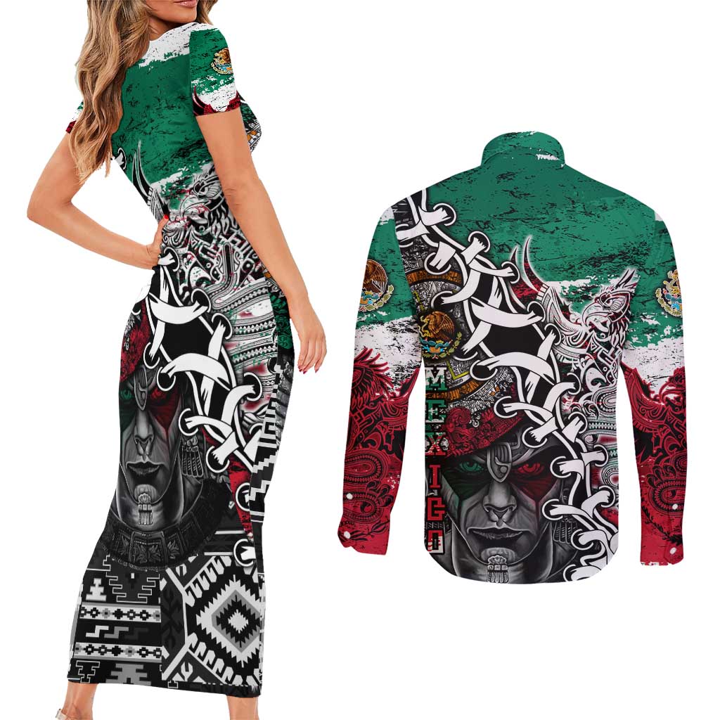 Aztec Warrior Mexican Couples Matching Short Sleeve Bodycon Dress and Long Sleeve Button Shirt Aztec Calendar Coat of Arms