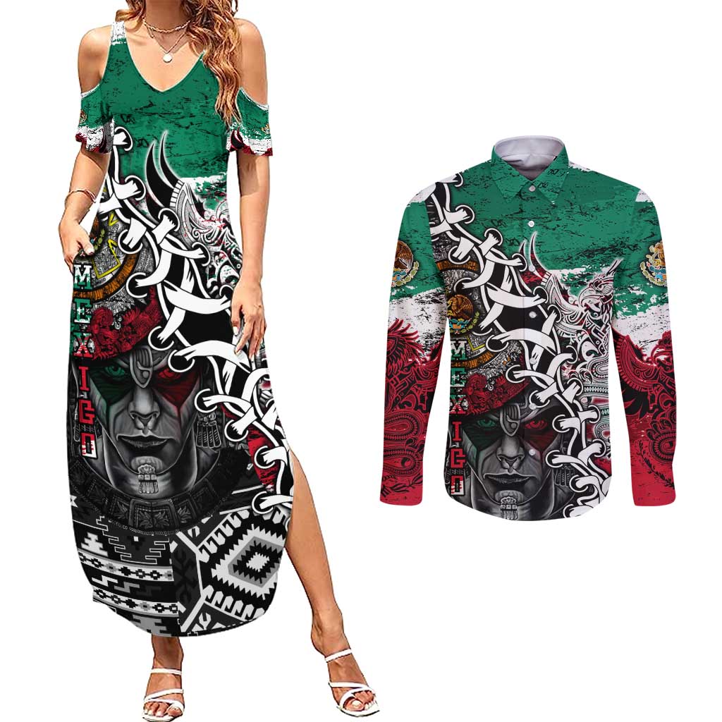 Aztec Warrior Mexican Couples Matching Summer Maxi Dress and Long Sleeve Button Shirt Aztec Calendar Coat of Arms