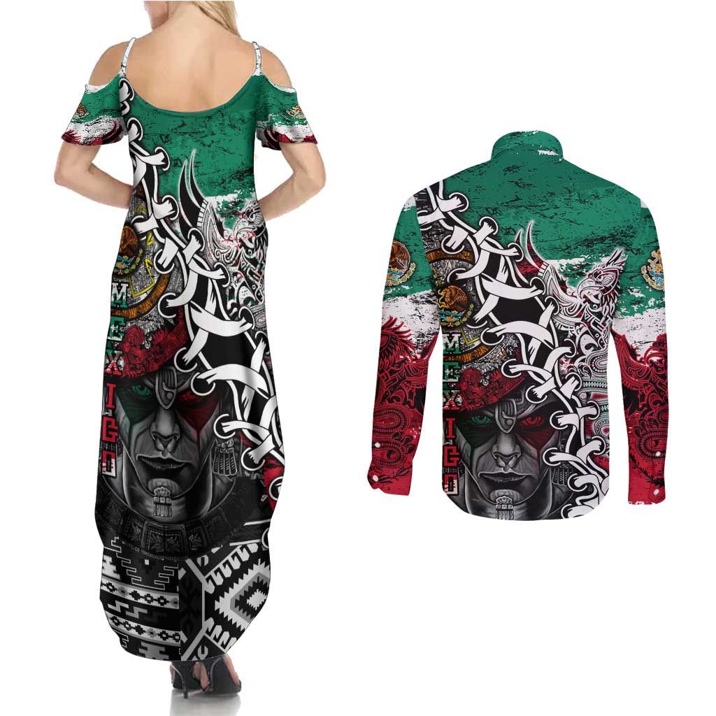 Aztec Warrior Mexican Couples Matching Summer Maxi Dress and Long Sleeve Button Shirt Aztec Calendar Coat of Arms