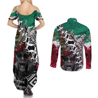 Aztec Warrior Mexican Couples Matching Summer Maxi Dress and Long Sleeve Button Shirt Aztec Calendar Coat of Arms