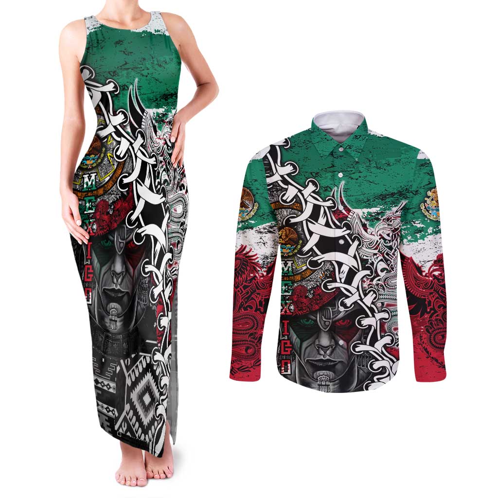 Aztec Warrior Mexican Couples Matching Tank Maxi Dress and Long Sleeve Button Shirt Aztec Calendar Coat of Arms
