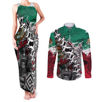 Aztec Warrior Mexican Couples Matching Tank Maxi Dress and Long Sleeve Button Shirt Aztec Calendar Coat of Arms