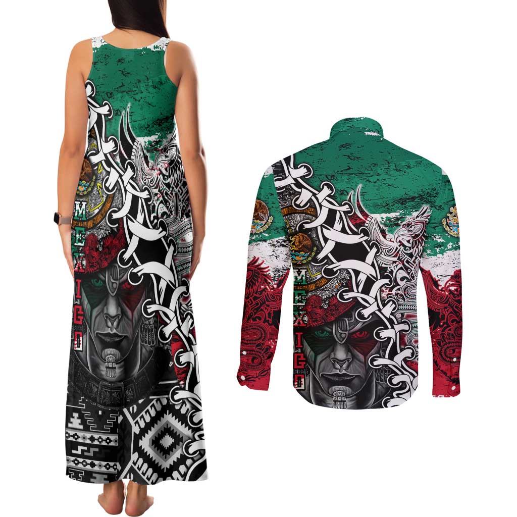 Aztec Warrior Mexican Couples Matching Tank Maxi Dress and Long Sleeve Button Shirt Aztec Calendar Coat of Arms