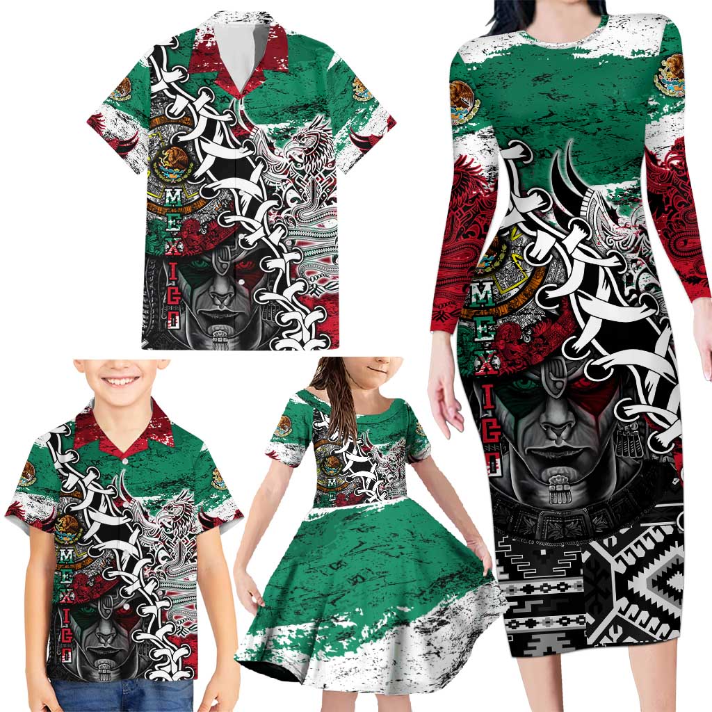 Aztec Warrior Mexican Family Matching Long Sleeve Bodycon Dress and Hawaiian Shirt Aztec Calendar Coat of Arms