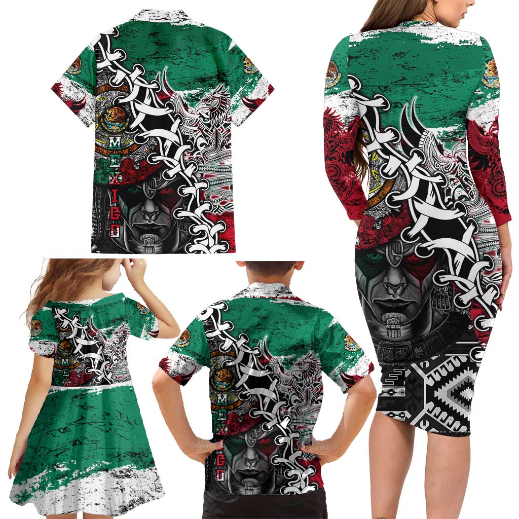 Aztec Warrior Mexican Family Matching Long Sleeve Bodycon Dress and Hawaiian Shirt Aztec Calendar Coat of Arms
