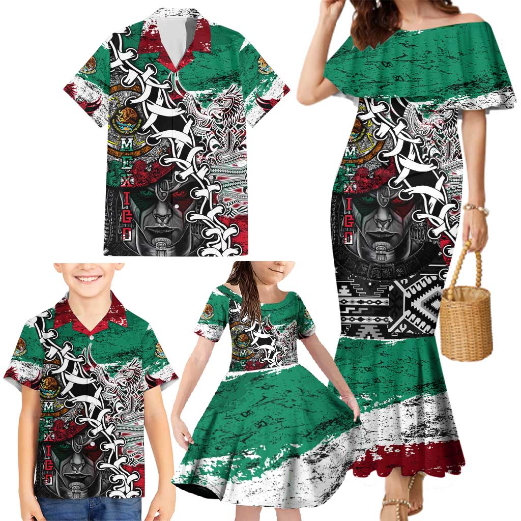 Aztec Warrior Mexican Family Matching Mermaid Dress and Hawaiian Shirt Aztec Calendar Coat of Arms