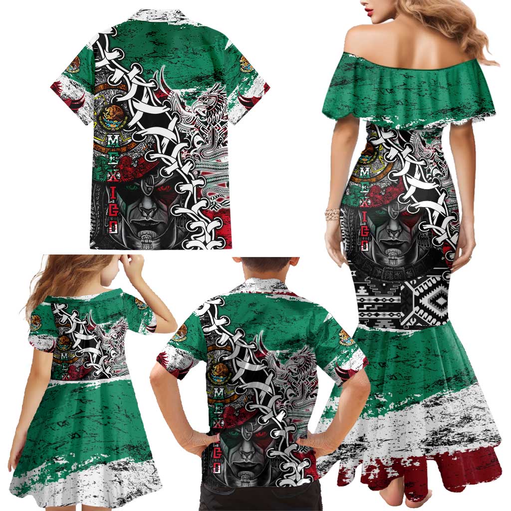 Aztec Warrior Mexican Family Matching Mermaid Dress and Hawaiian Shirt Aztec Calendar Coat of Arms