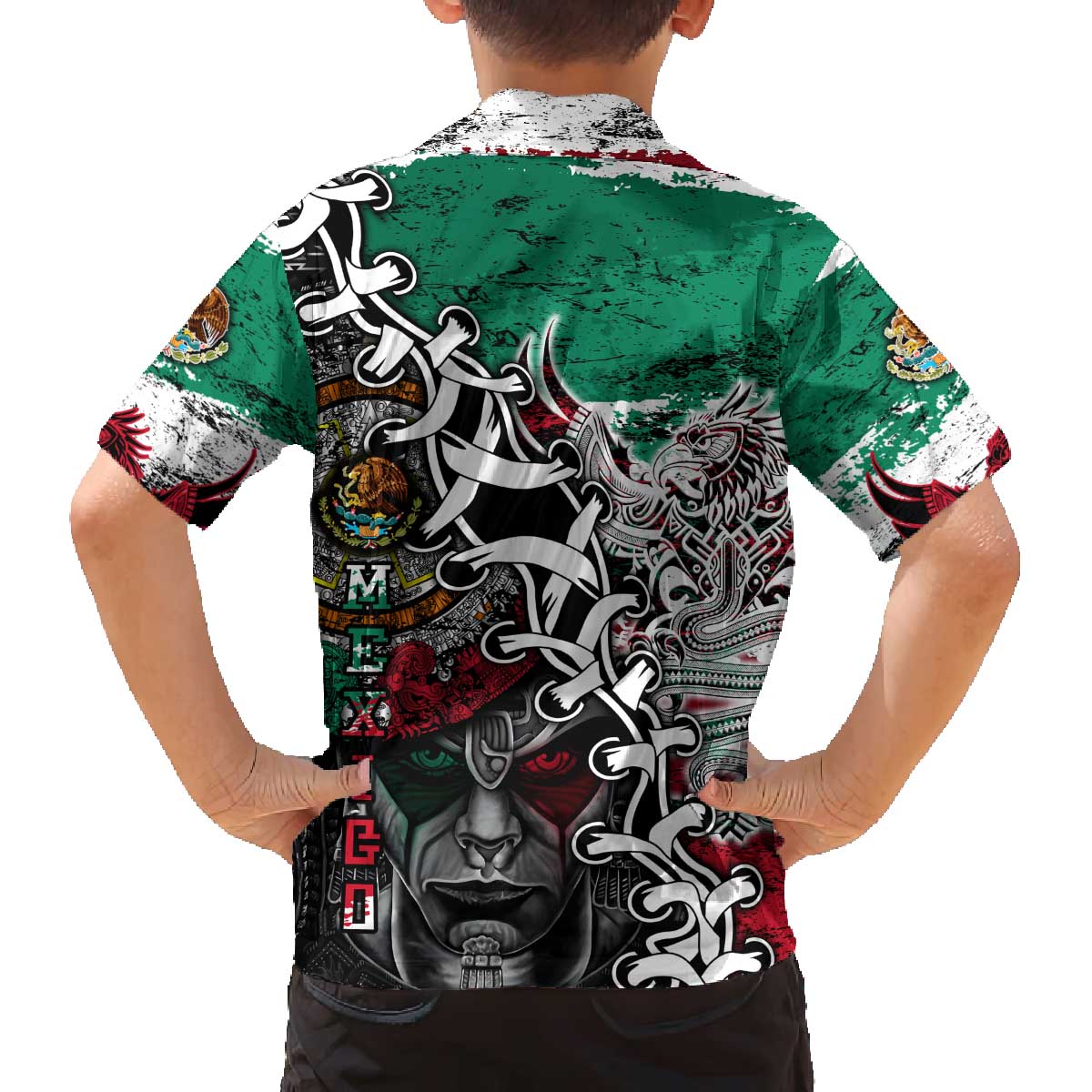 Aztec Warrior Mexican Family Matching Off The Shoulder Long Sleeve Dress and Hawaiian Shirt Aztec Calendar Coat of Arms