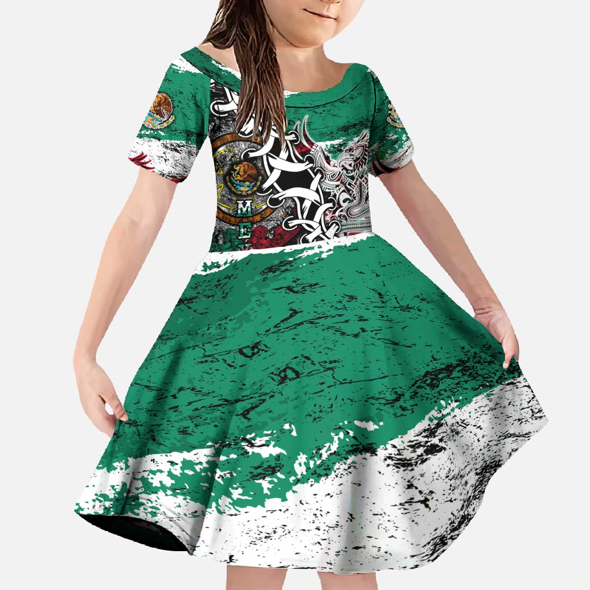 Aztec Warrior Mexican Family Matching Off The Shoulder Long Sleeve Dress and Hawaiian Shirt Aztec Calendar Coat of Arms