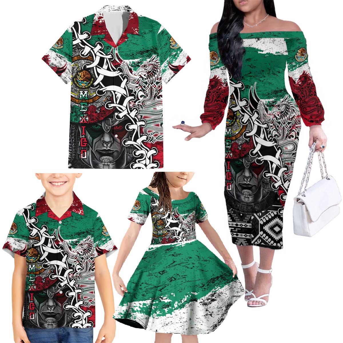Aztec Warrior Mexican Family Matching Off The Shoulder Long Sleeve Dress and Hawaiian Shirt Aztec Calendar Coat of Arms