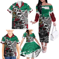 Aztec Warrior Mexican Family Matching Off The Shoulder Long Sleeve Dress and Hawaiian Shirt Aztec Calendar Coat of Arms