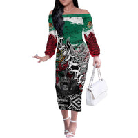 Aztec Warrior Mexican Family Matching Off The Shoulder Long Sleeve Dress and Hawaiian Shirt Aztec Calendar Coat of Arms