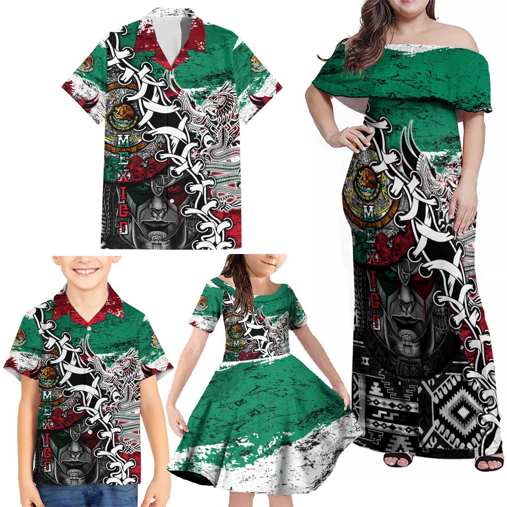 Aztec Warrior Mexican Family Matching Off Shoulder Maxi Dress and Hawaiian Shirt Aztec Calendar Coat of Arms