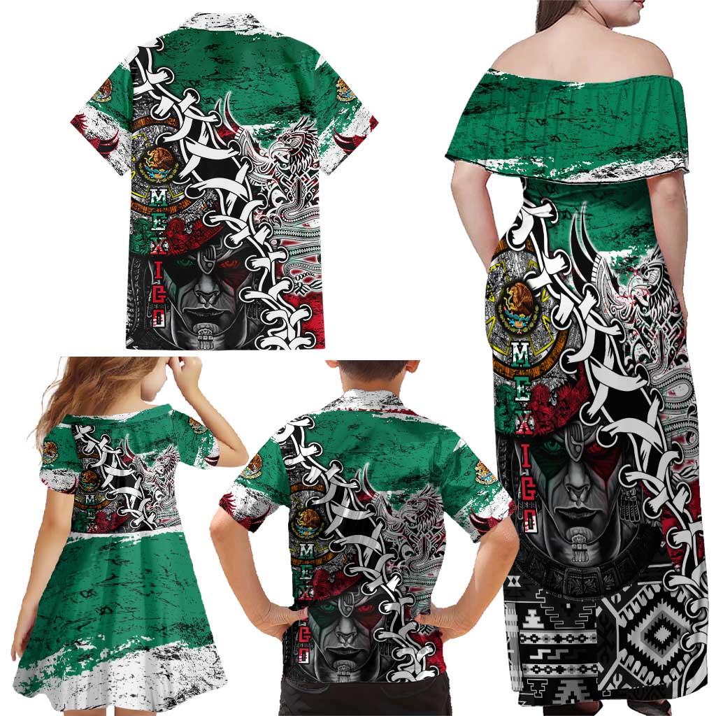 Aztec Warrior Mexican Family Matching Off Shoulder Maxi Dress and Hawaiian Shirt Aztec Calendar Coat of Arms
