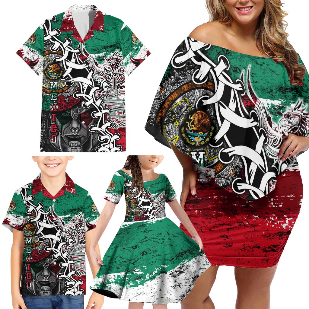 Aztec Warrior Mexican Family Matching Off Shoulder Short Dress and Hawaiian Shirt Aztec Calendar Coat of Arms