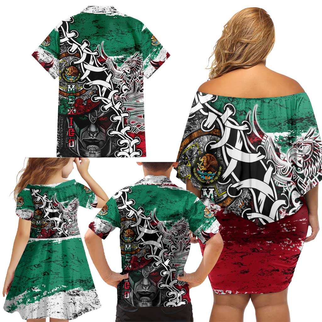 Aztec Warrior Mexican Family Matching Off Shoulder Short Dress and Hawaiian Shirt Aztec Calendar Coat of Arms