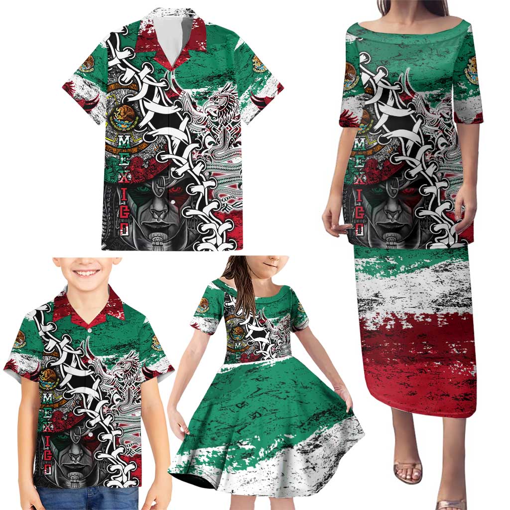 Aztec Warrior Mexican Family Matching Puletasi and Hawaiian Shirt Aztec Calendar Coat of Arms